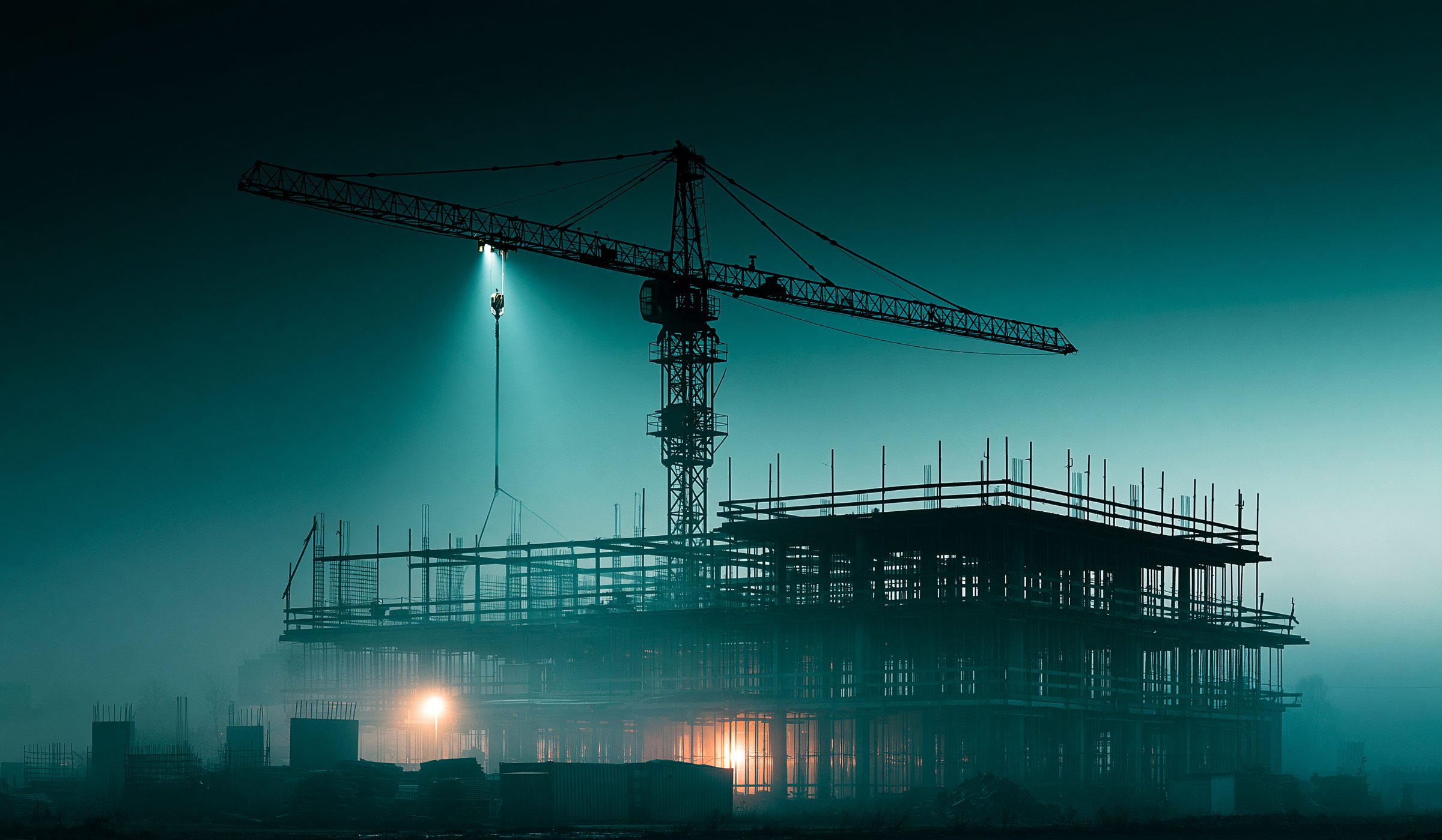 Construction project at dusk with a tower crane, representing Owner's Interest liability coverage